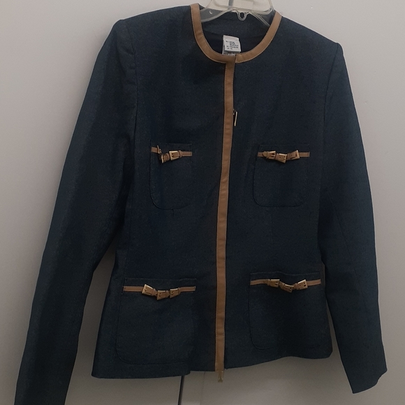 Guyfulop Navy Tan leather Trim Blazer Italy jacket - Picture 3 of 11